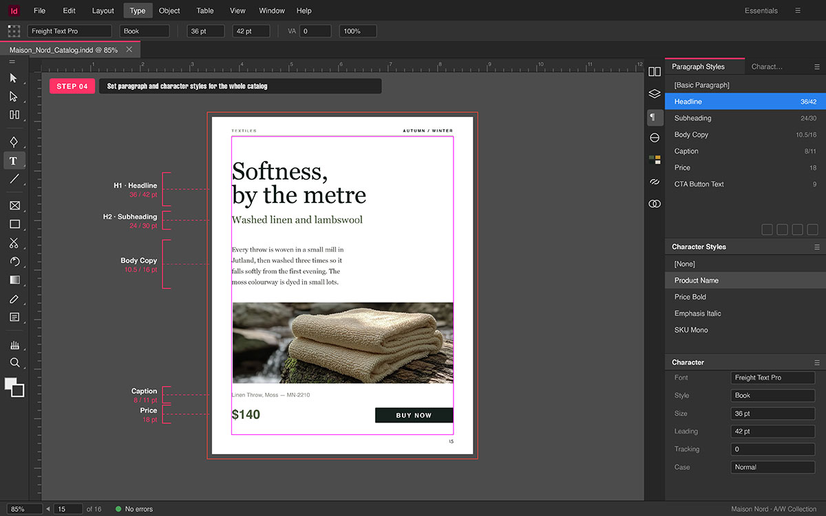 InDesign catalog page with labeled type hierarchy for headline, subheading, body copy, caption, and price styles