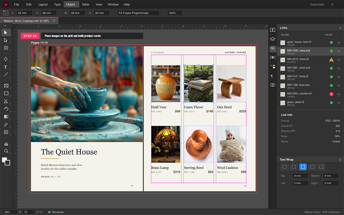 InDesign spread with a pottery hero image and six-product grid, Links panel showing 300 ppi images and one missing link