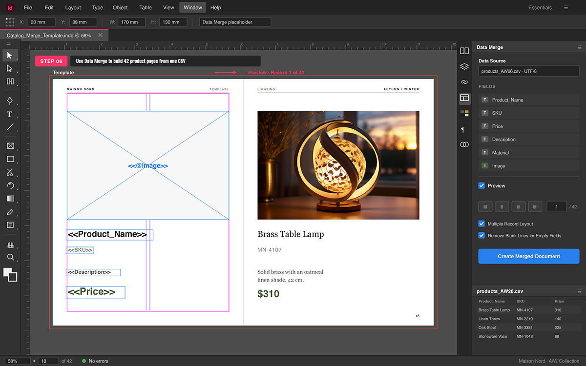 InDesign Data Merge template with image and text placeholders next to a merged brass table lamp product page preview