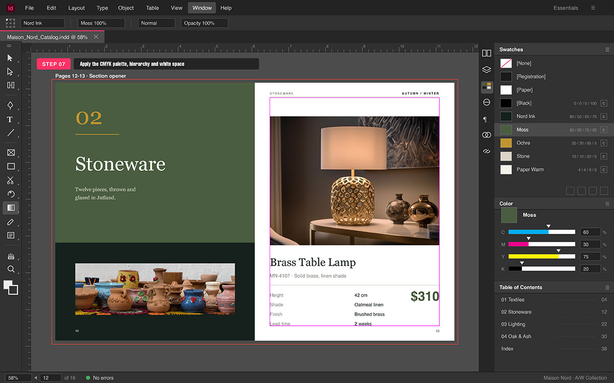 InDesign section opener in moss green beside a lamp product page, with CMYK swatches and table of contents panels