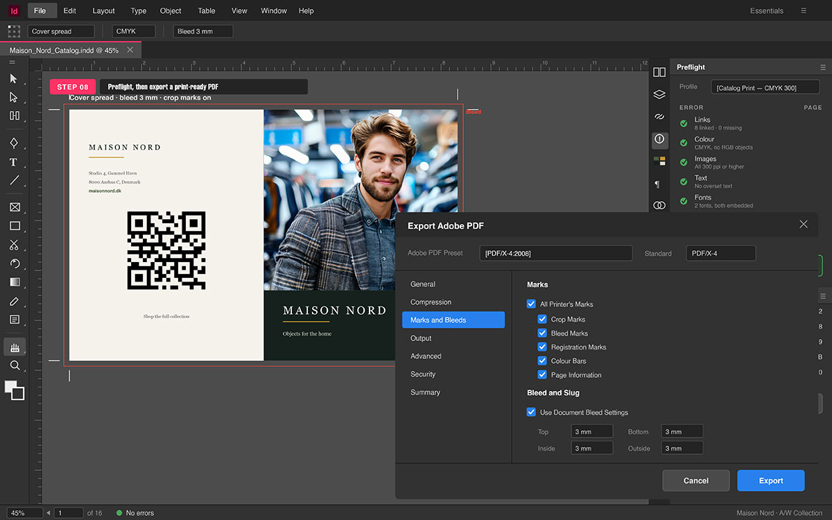 InDesign Export Adobe PDF dialog with PDF/X-4 preset, printer's marks, 3 mm bleed, and a clean Preflight panel
