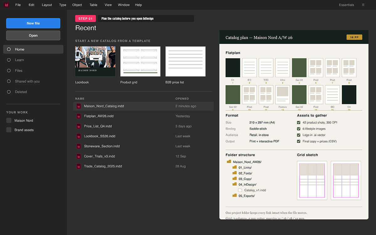 InDesign home screen beside a 16-page catalog flatplan showing format specs, asset checklist, folder structure, and grid sketch