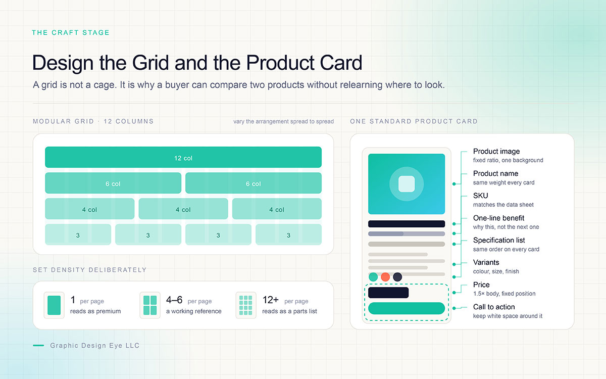 modular grid, 12 column grid, product card design, layout density, catalog spreads, design system