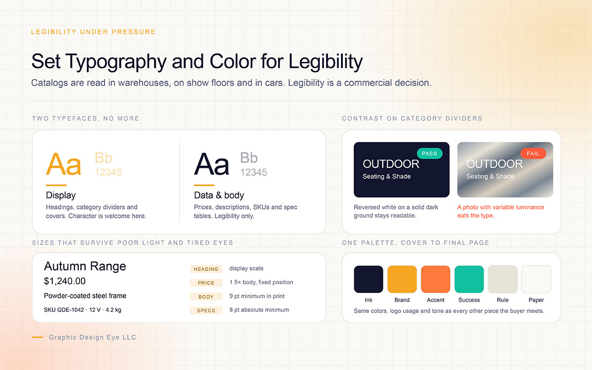 catalog typography, type pairing, legibility, color contrast, brand palette, print type sizes