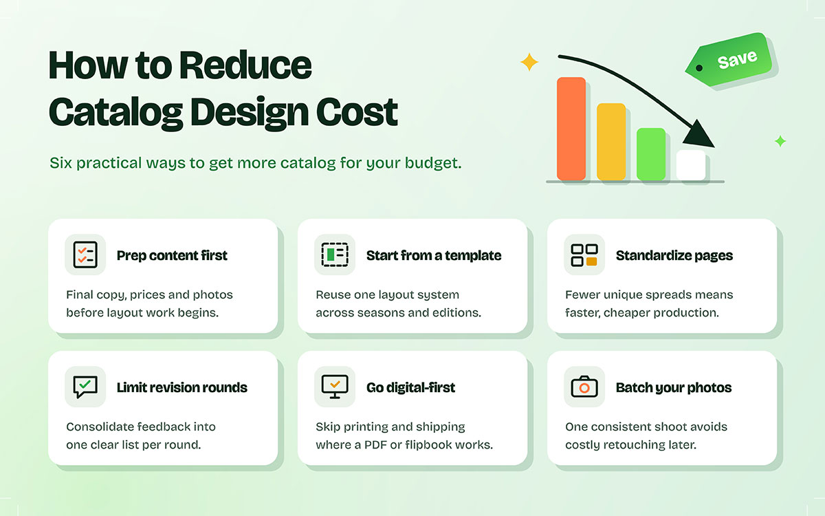 Infographic listing six tips to reduce catalog design costs such as templates, batching photos, and limiting revisions