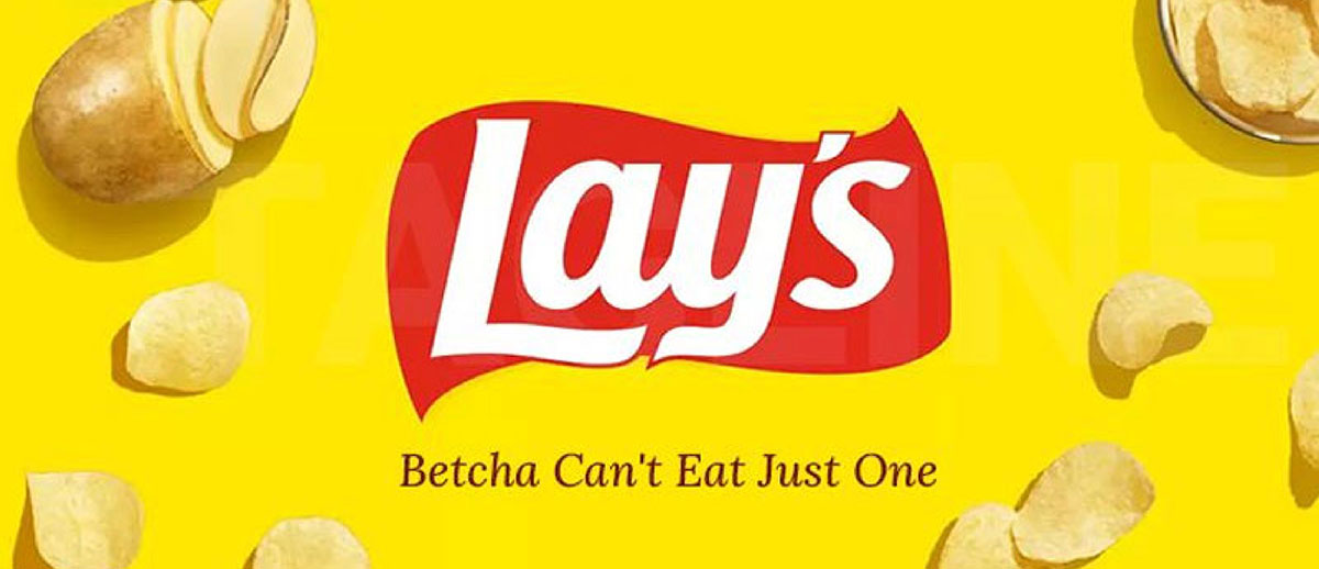 Lay's logo on a yellow background surrounded by potato chips with the slogan Betcha Can't Eat Just One