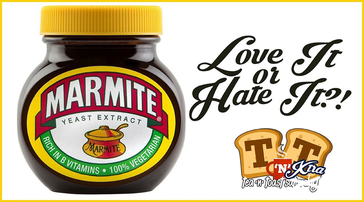 Jar of Marmite yeast extract next to the script text Love It or Hate It on a white background