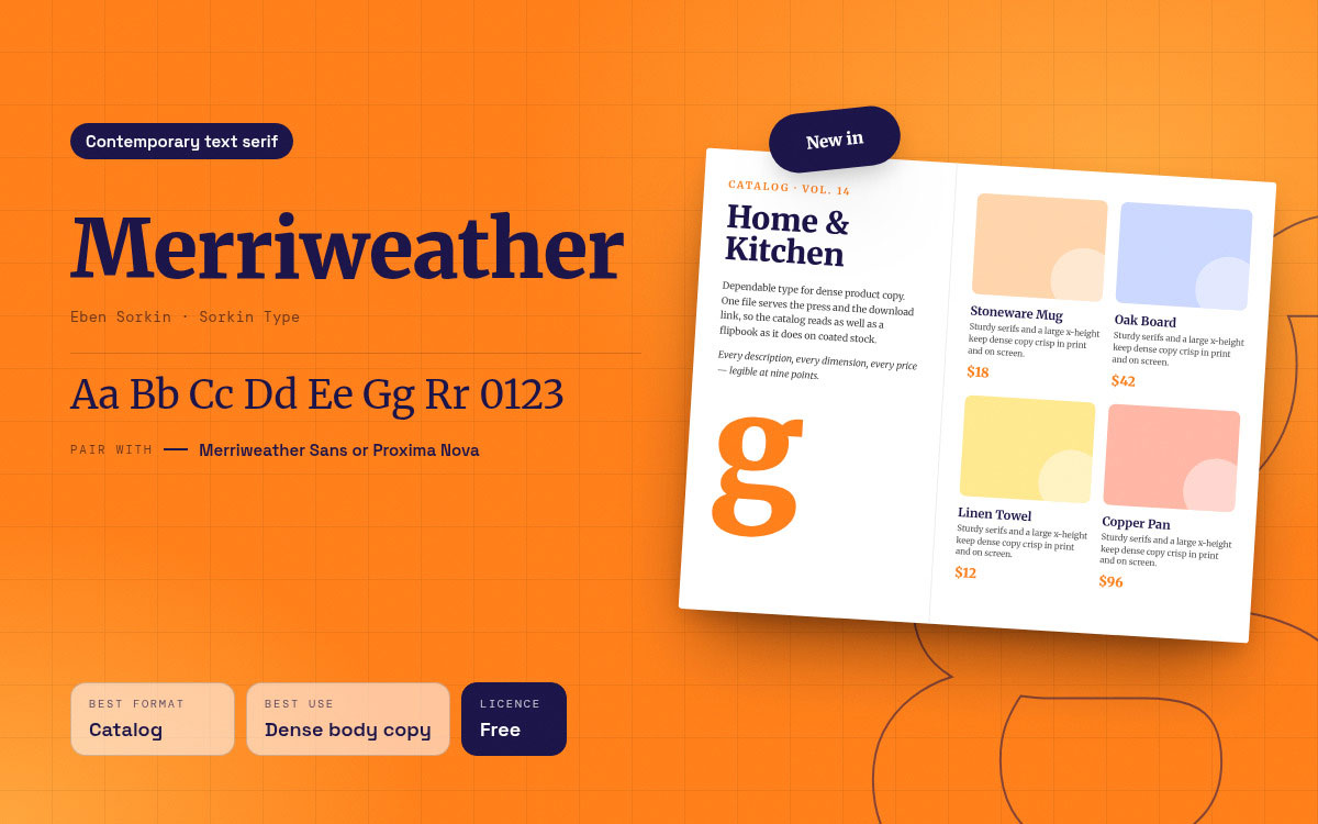 Merriweather font specimen beside a Home and Kitchen catalog page listing a stoneware mug, oak board, linen towel and copper pan with prices