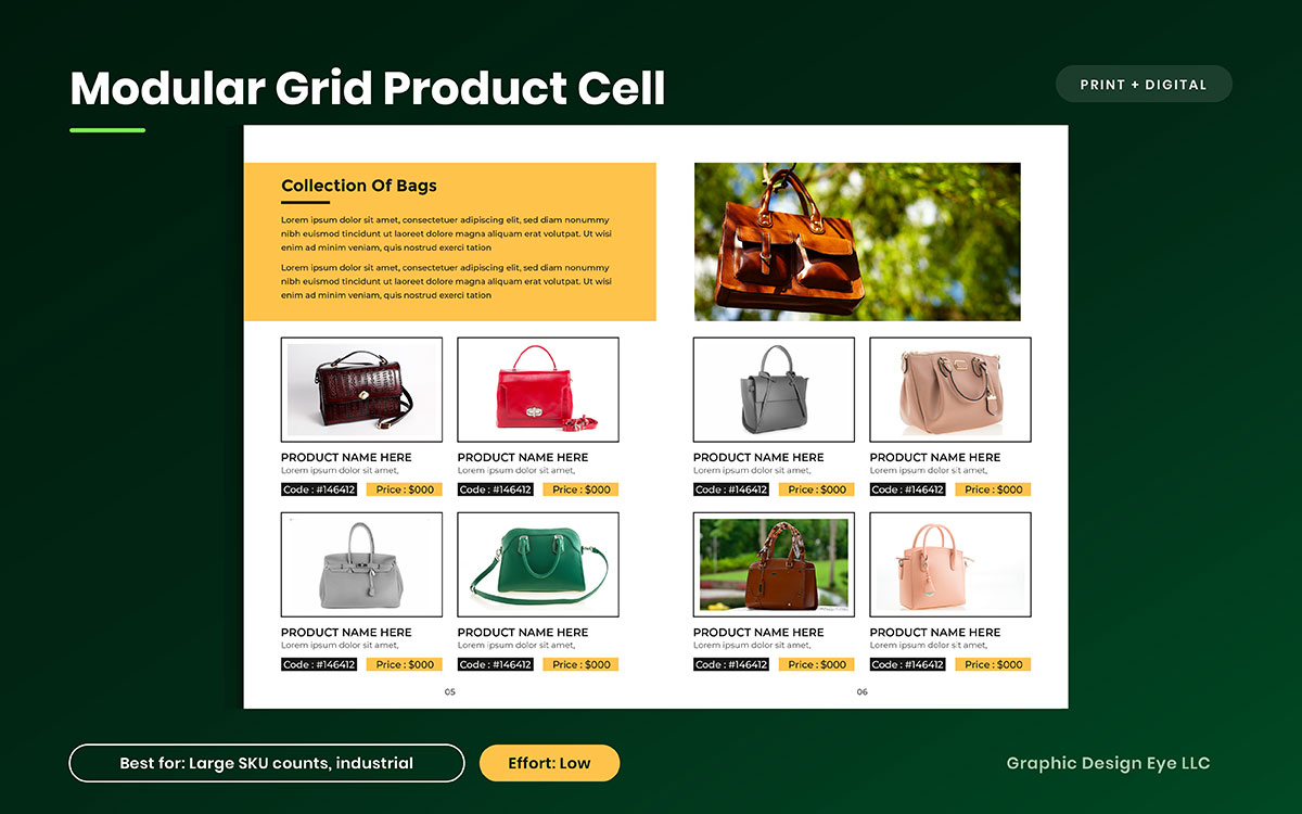 Catalog spread titled Collection of Bags with a hero photo of a brown leather bag and a grid of handbags with codes and prices