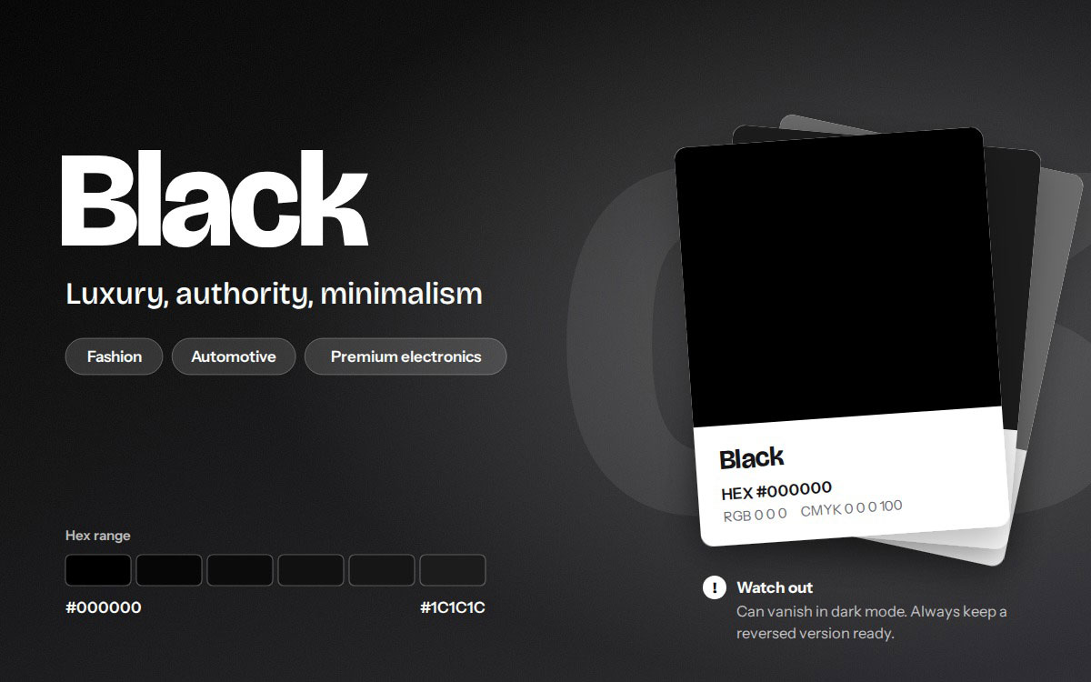 Black branding color card with HEX #000000, hex range to #1C1C1C, and industries including fashion, automotive, and premium electronics