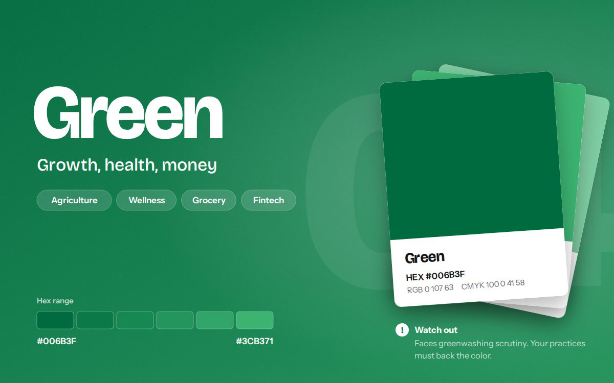 Green branding color card with HEX #006B3F, hex range to #3CB371, and industries including agriculture, wellness, grocery, and fintech