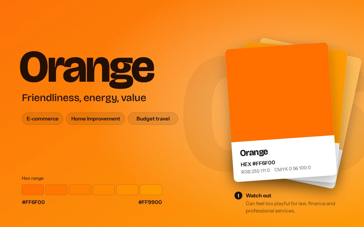 Orange branding color card with HEX #FF6F00, hex range to #FF9900, and industries including e-commerce, home improvement, and budget travel