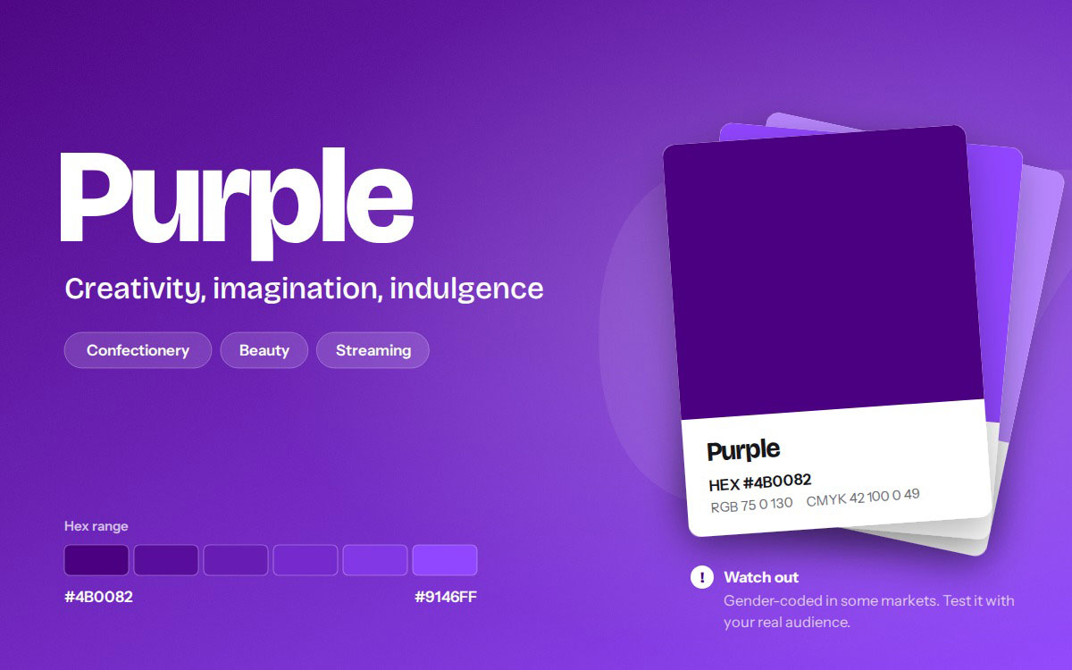 Purple branding color card with HEX #4B0082, hex range to #9146FF, and industries including confectionery, beauty, and streaming