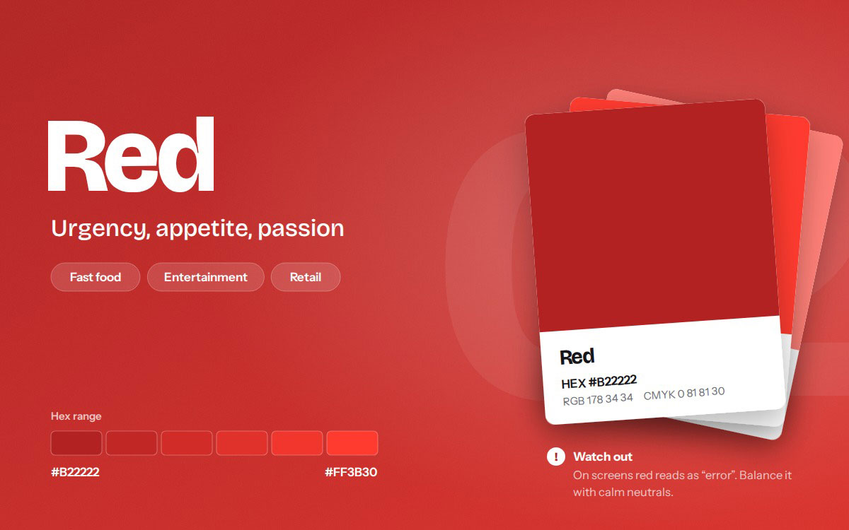 Red branding color card with HEX #B22222, hex range to #FF3B30, and industries including fast food, entertainment, and retail
