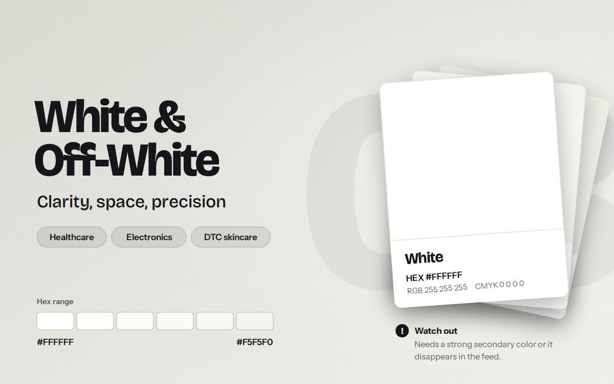 White and off-white branding color card with HEX #FFFFFF, hex range to #F5F5F0, and industries including healthcare, electronics, and DTC skincare