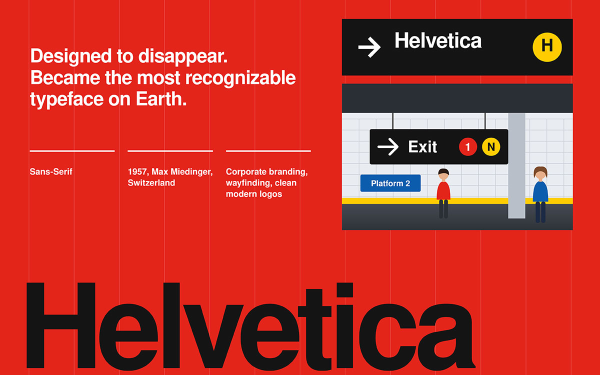 Helvetica font on a red background with subway exit signage illustration