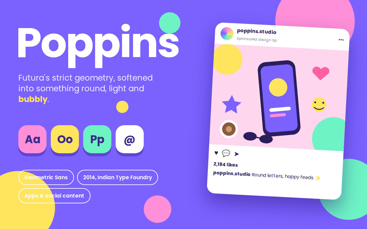 Poppins font with colorful letter tiles and an Instagram-style social post mockup