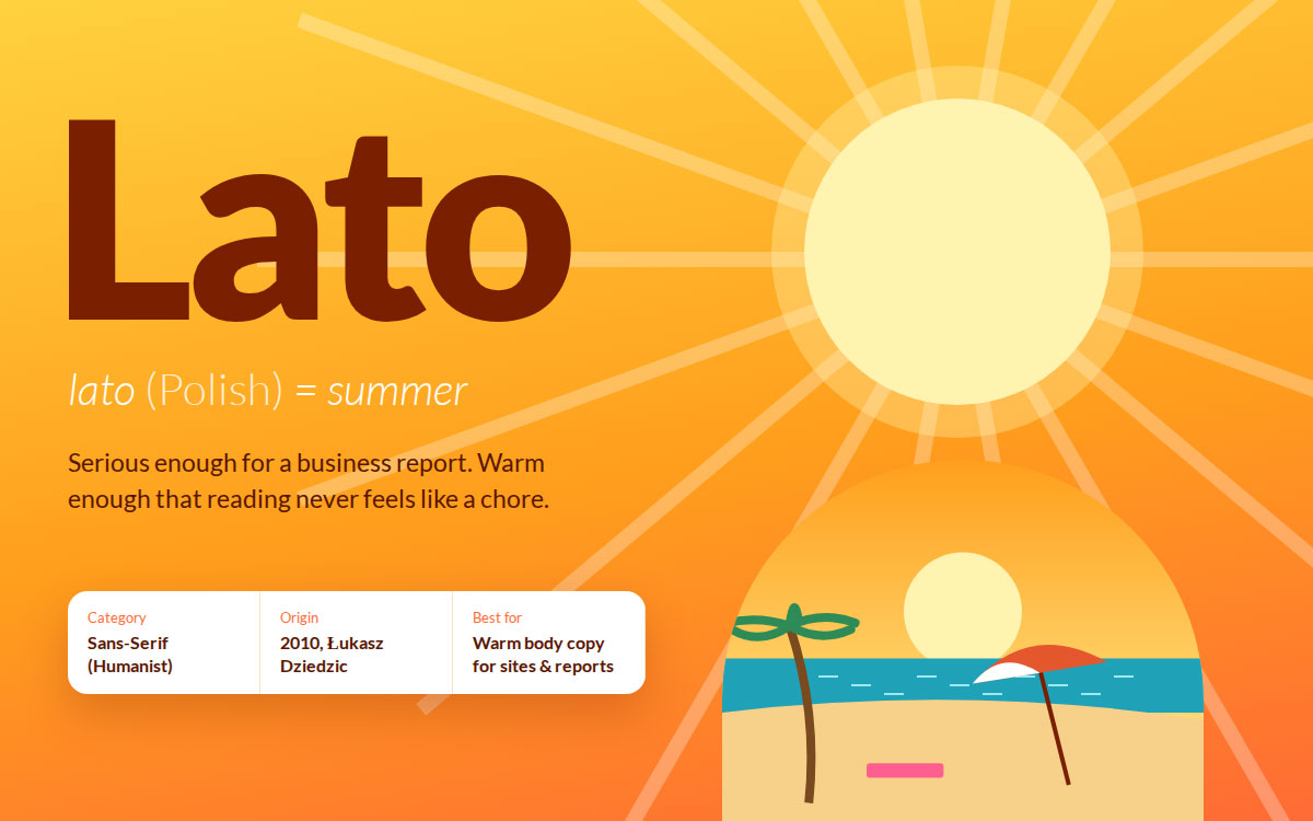 Lato font on an orange sunburst background with a beach sunset illustration