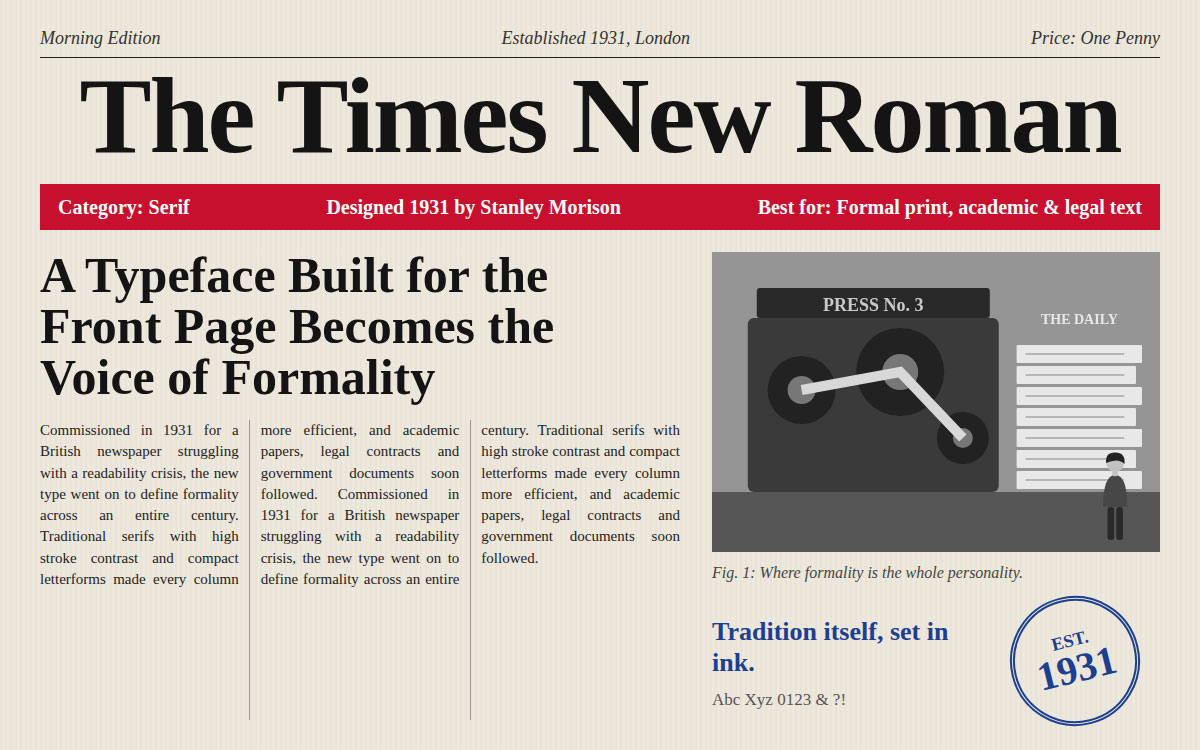 Times New Roman font styled as a vintage newspaper front page with a printing press illustration