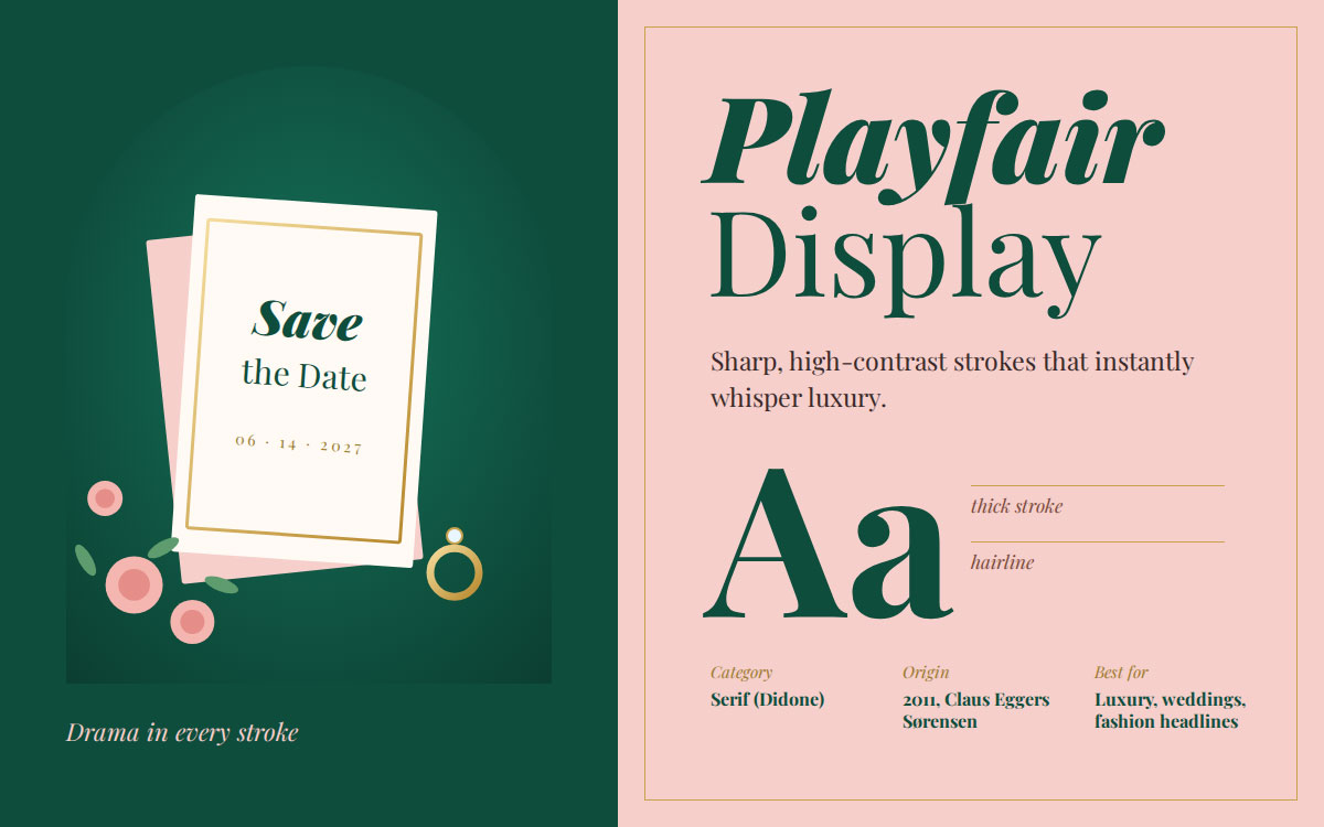 Playfair Display font on a pink background with a save-the-date wedding card illustration