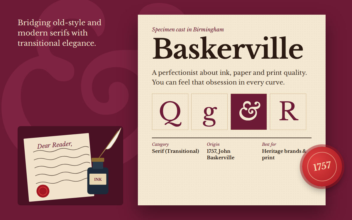 Baskerville serif font specimen with letter samples, a wax-sealed letter and an ink bottle