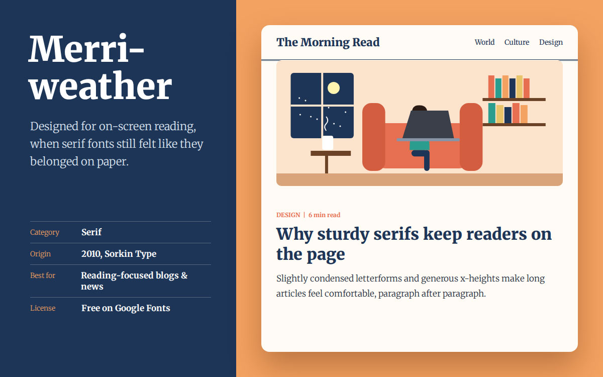 Merriweather serif font shown in a blog article layout with a cozy reading room illustration