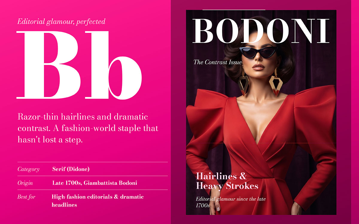 Didot serif font beside a fashion model in a black couture gown with a Maison luxury logo sample