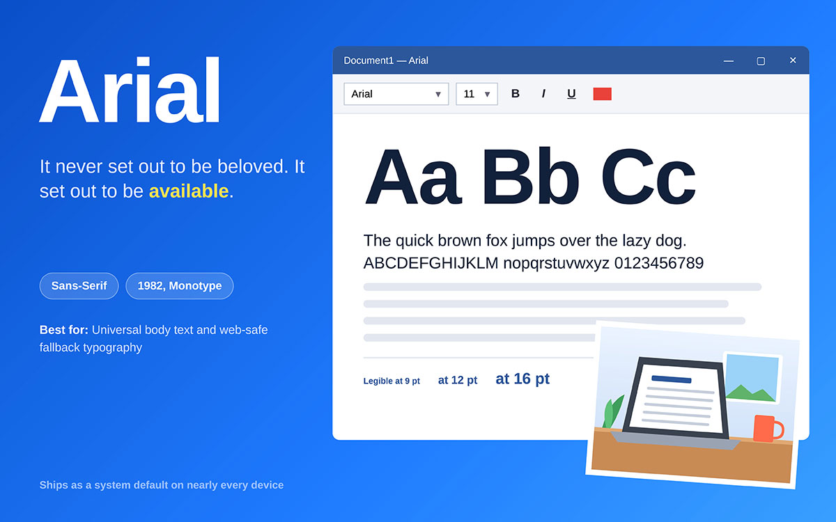 Arial font sample in a word processor window showing legibility at different point sizes
