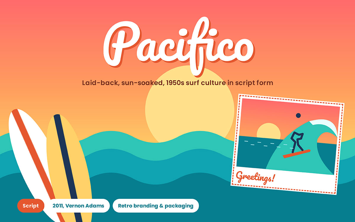 Pacifico script font over a sunset ocean scene with surfboards and a vintage surf postcard