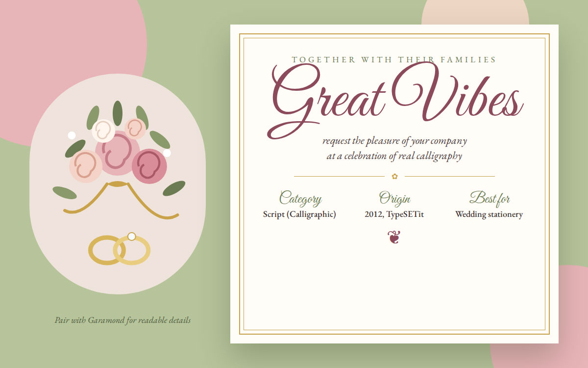 Great Vibes calligraphy font on a wedding invitation card with floral bouquet and gold rings illustration