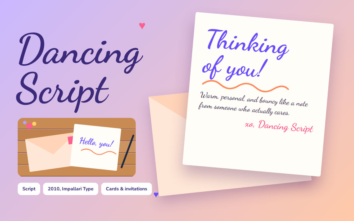 Dancing Script font on a handwritten thinking of you card with an envelope on a pastel background