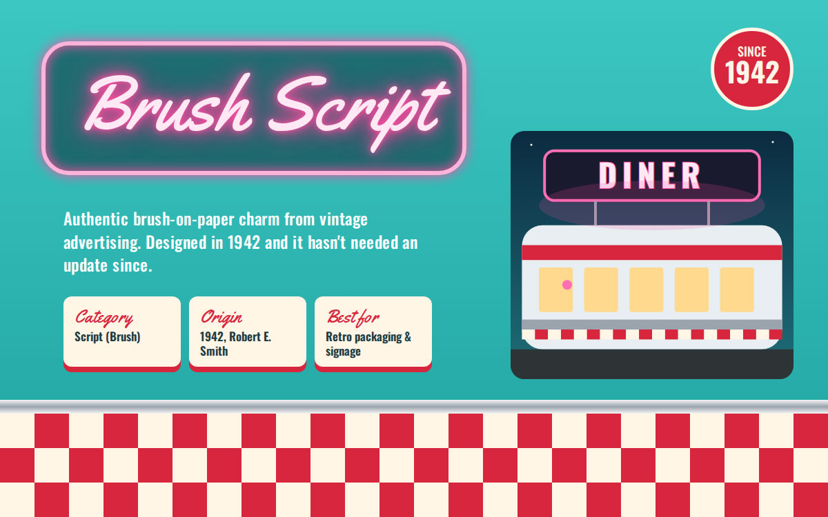 Brush Script font in a pink neon sign with a retro diner illustration and checkered floor
