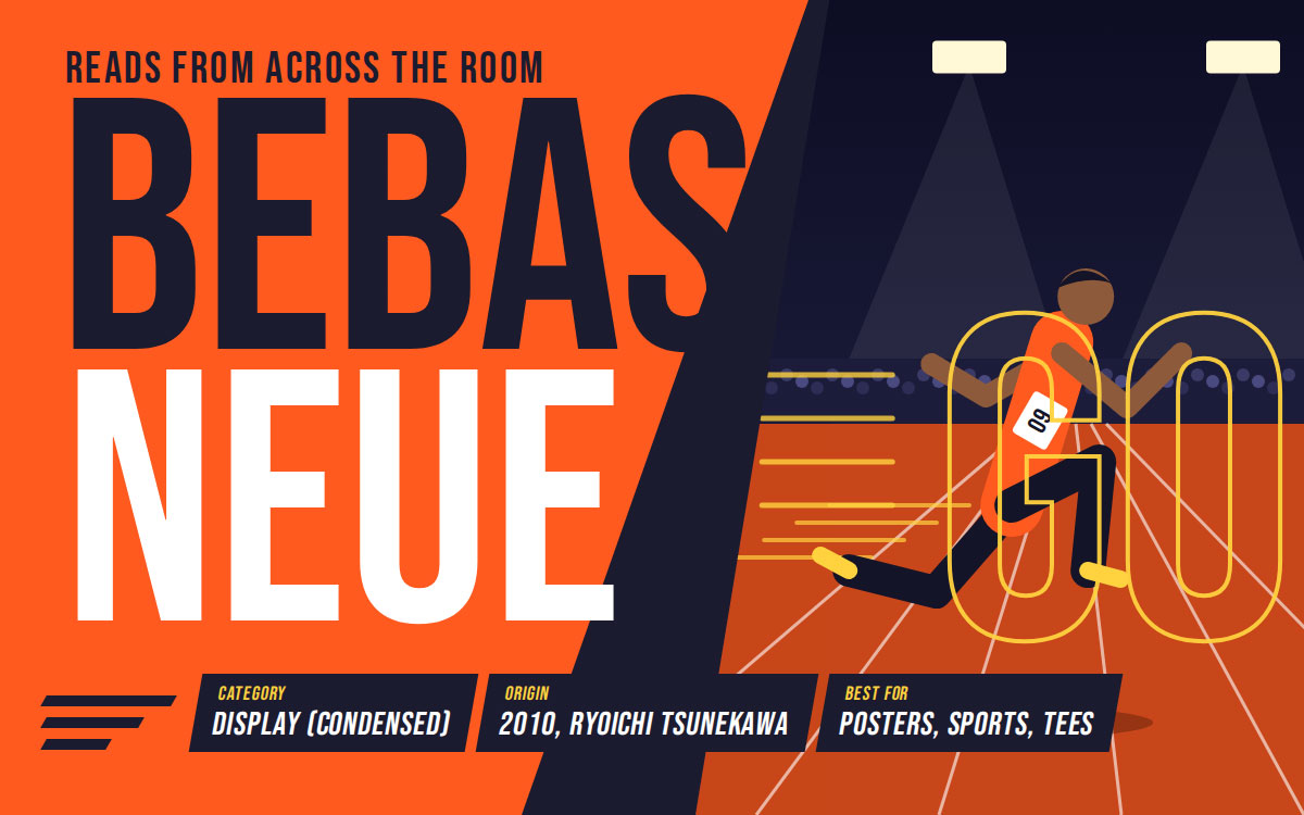Bebas Neue condensed font on orange with a sprinter racing on a stadium track illustration