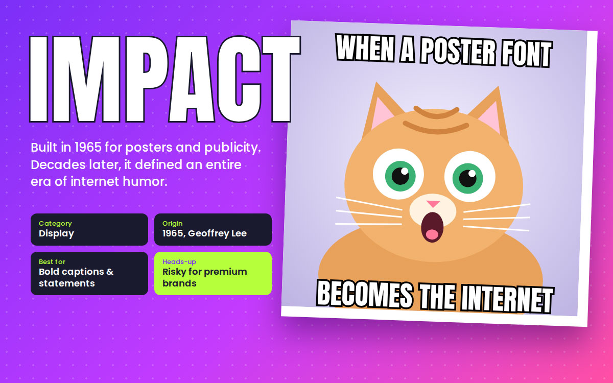 Impact font on a purple background with a surprised cartoon cat in a classic meme-style caption