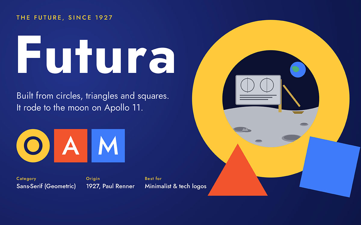 Futura geometric font with circle, triangle and square shapes and an Apollo 11 moon plaque illustration