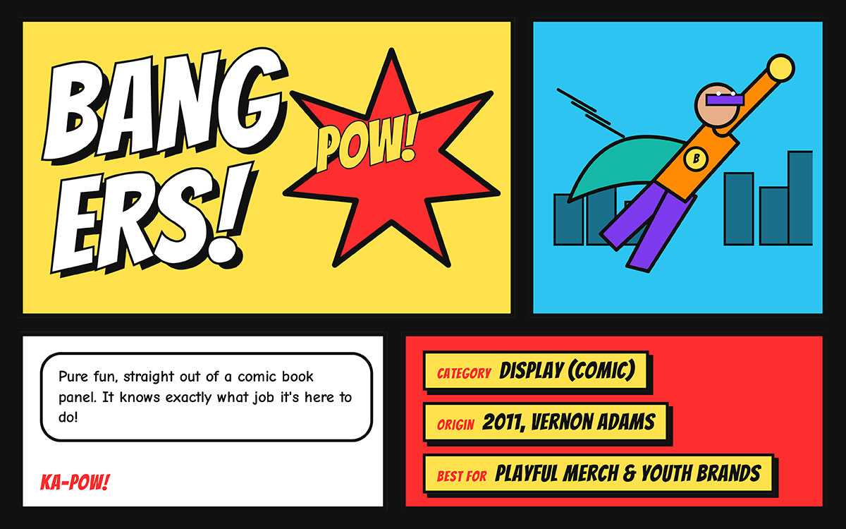 Bangers comic font in pop-art panels with a POW burst and a flying superhero illustration