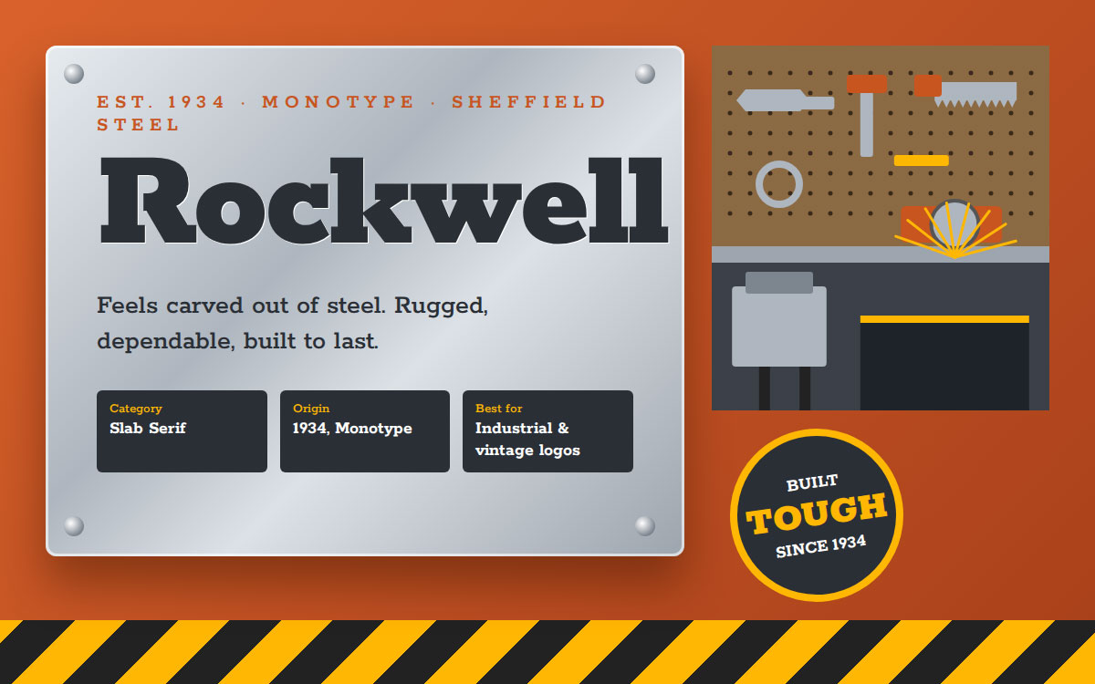 Rockwell slab serif font on a brushed steel plate with a workshop tool wall illustration