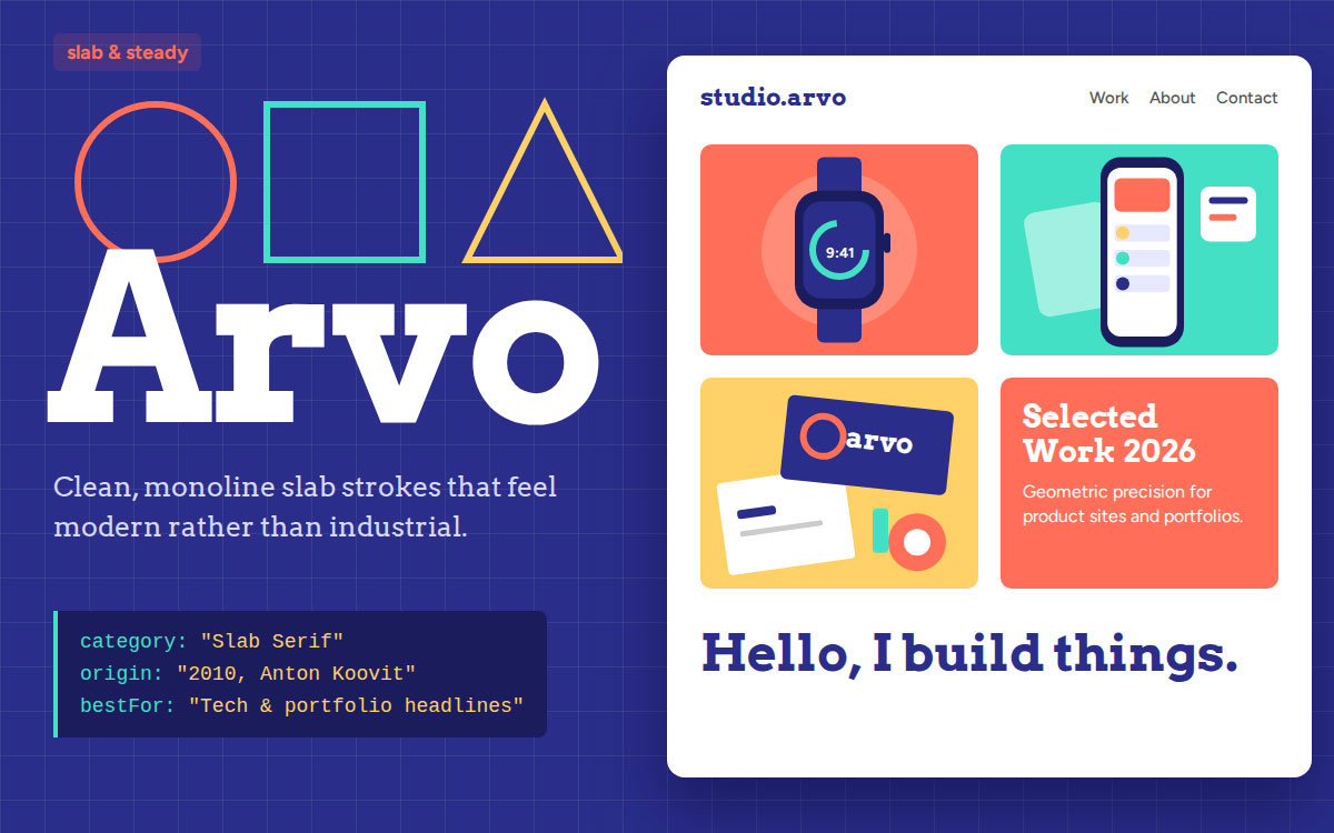 Arvo slab serif font with geometric shapes and a studio portfolio website mockup