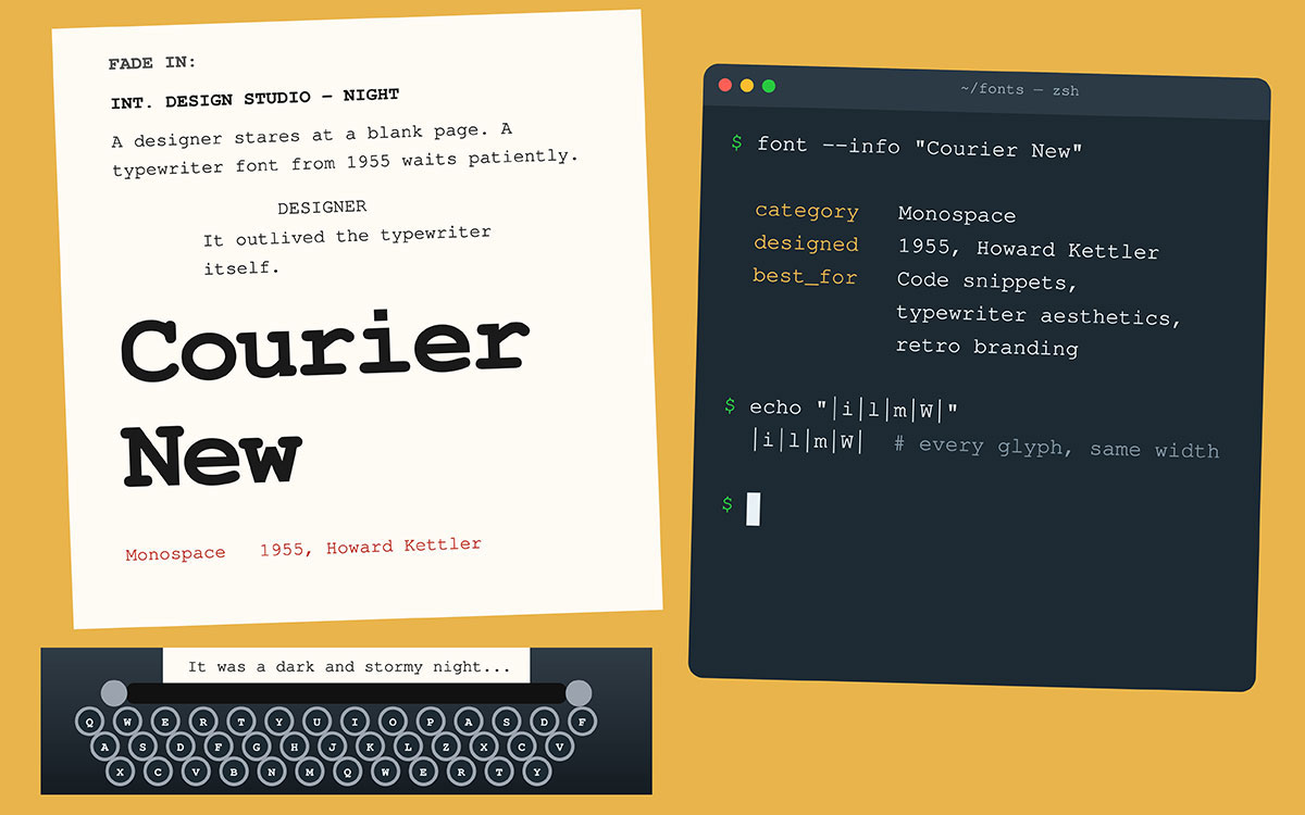Courier New monospace font on a screenplay page beside a code terminal and vintage typewriter illustration