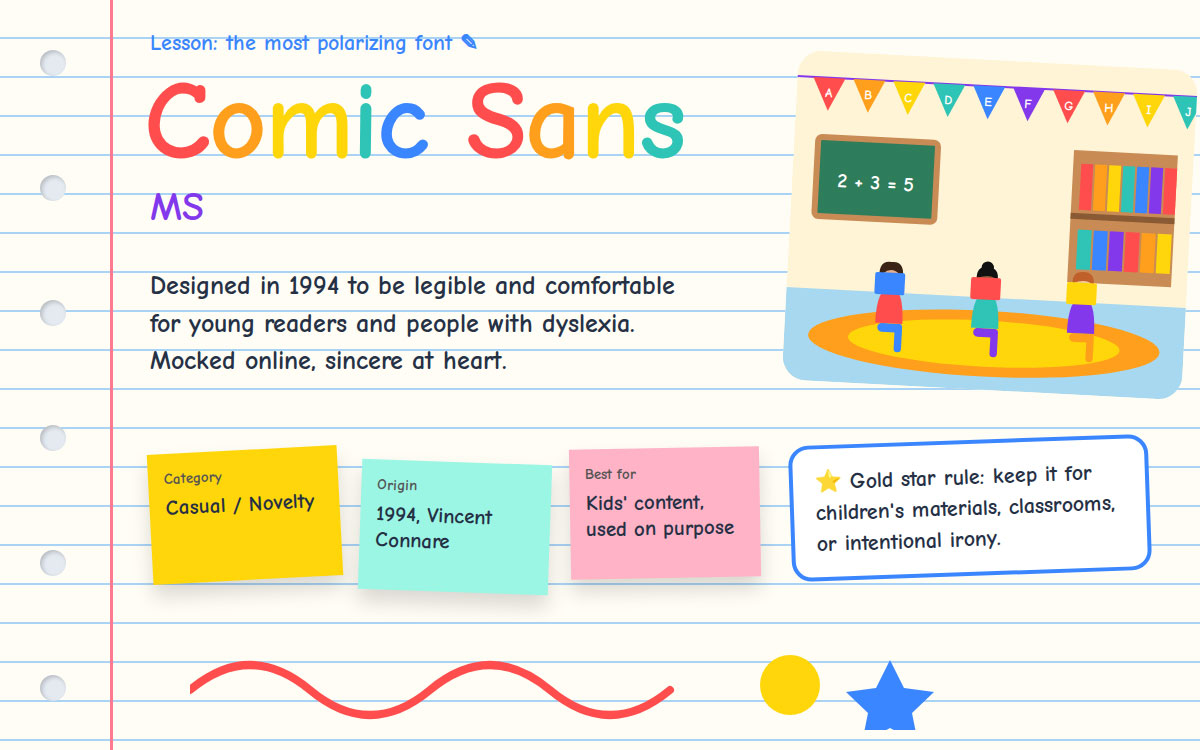 Comic Sans MS font on lined notebook paper with a colorful classroom illustration and sticky notes