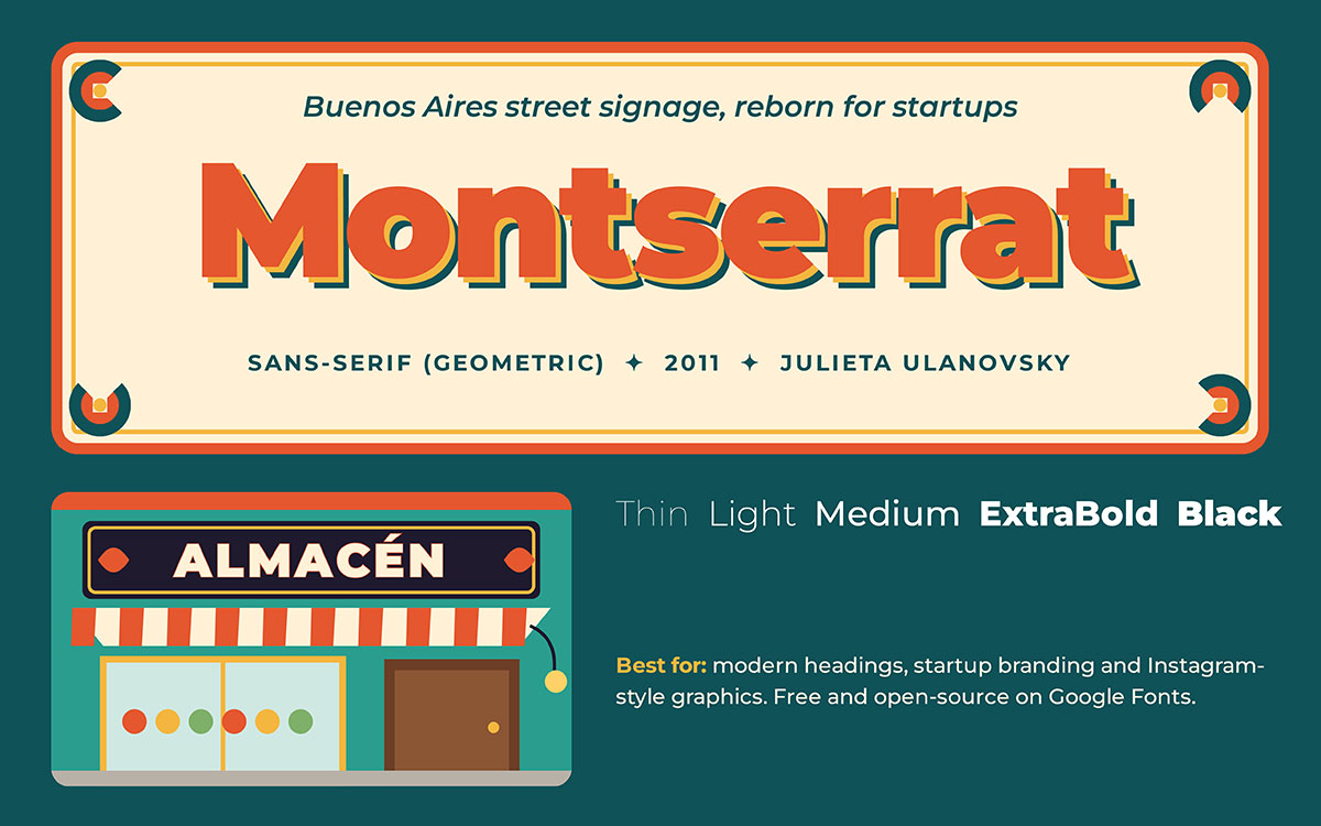 Montserrat font on a vintage sign with a Buenos Aires storefront illustration and weight samples
