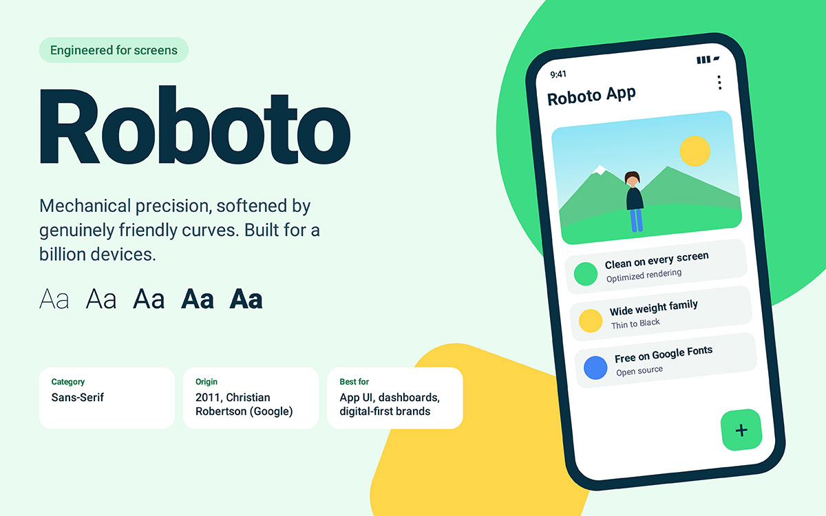 Roboto font displayed in a mobile app interface mockup with weight variations