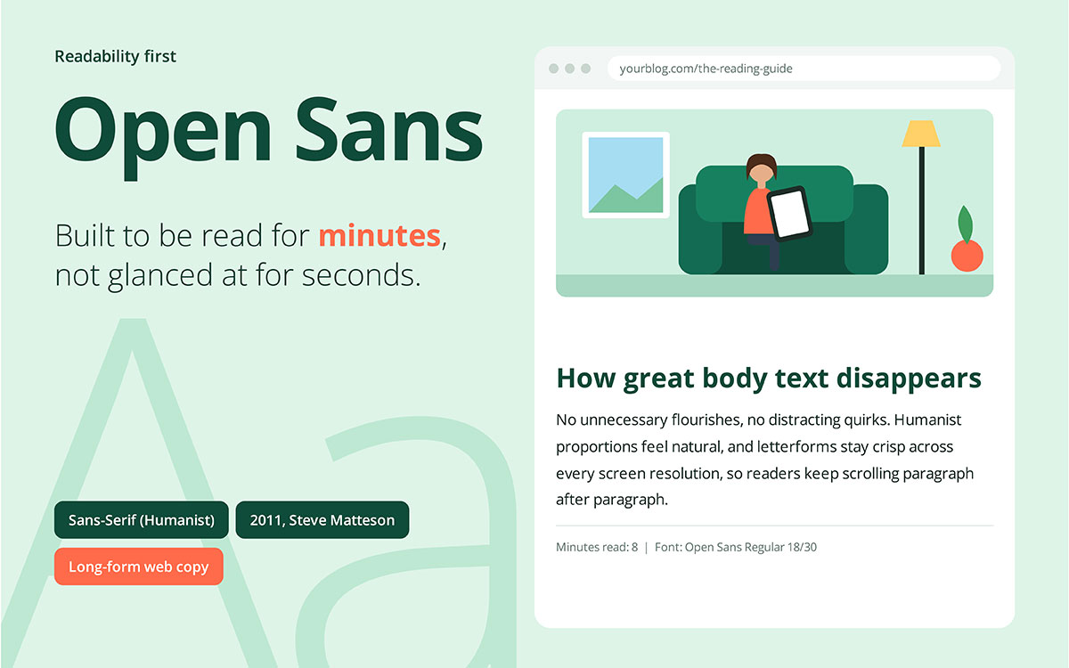 Open Sans font used in a blog layout with an illustration of a person reading on a sofa