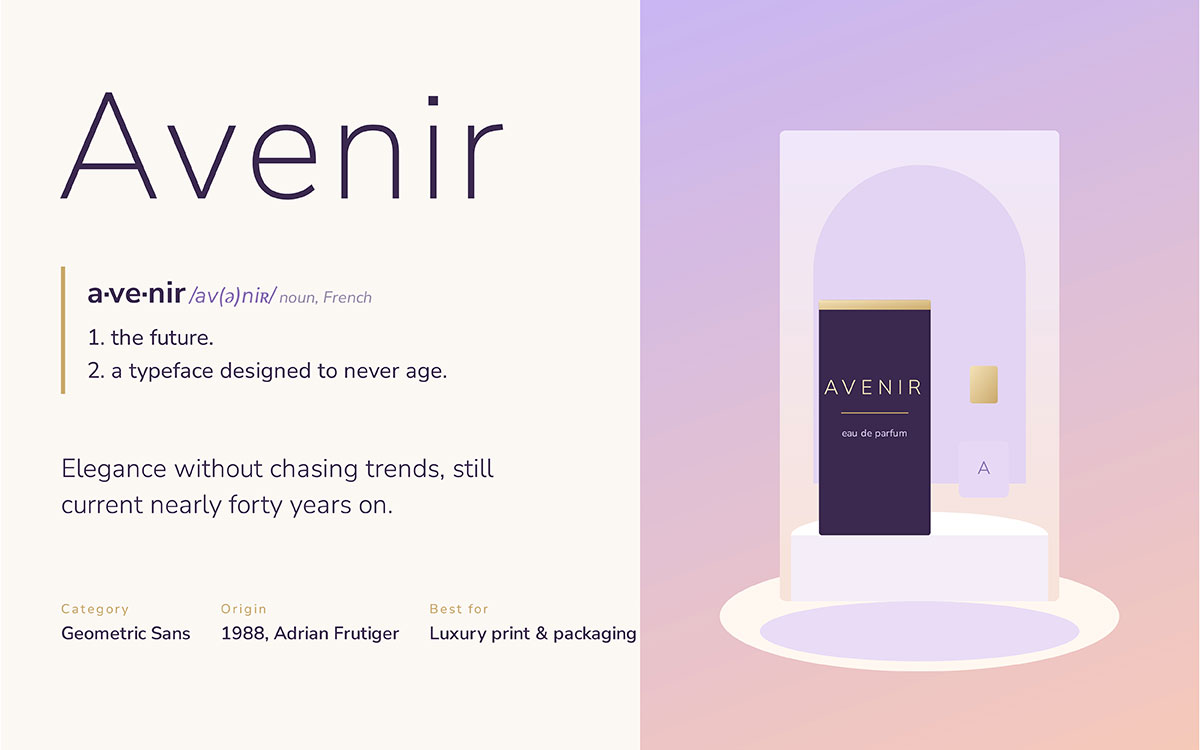 Avenir font with a dictionary-style definition and a luxury perfume bottle packaging illustration