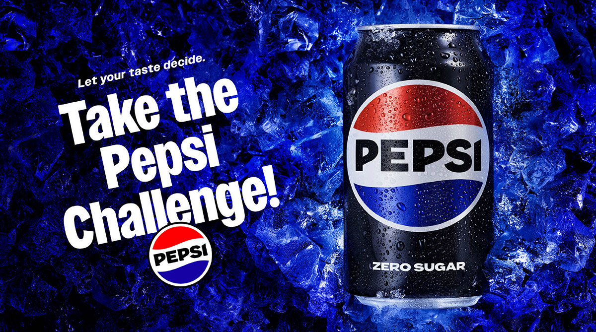 Pepsi Zero Sugar can with water droplets on blue ice beside the headline Take the Pepsi Challenge and Let your taste decide
