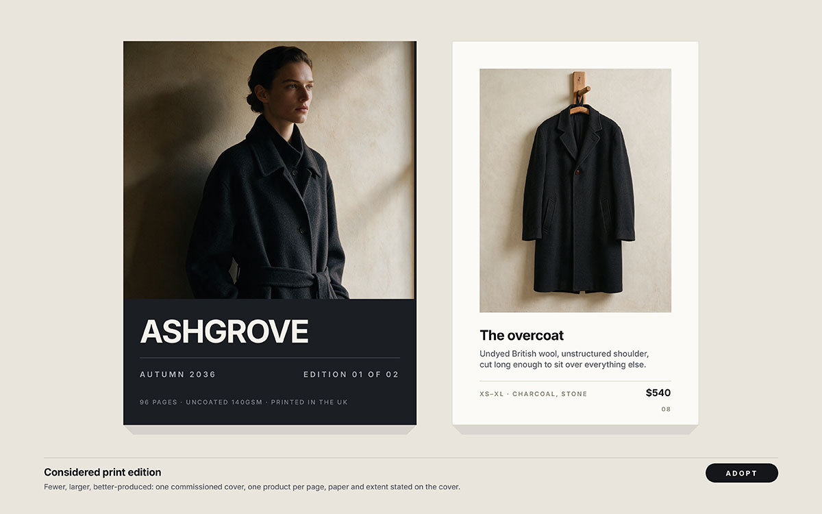 Premium catalogue cover with a model in a charcoal coat beside an inside page showing a single hanging overcoat with price and fabric details