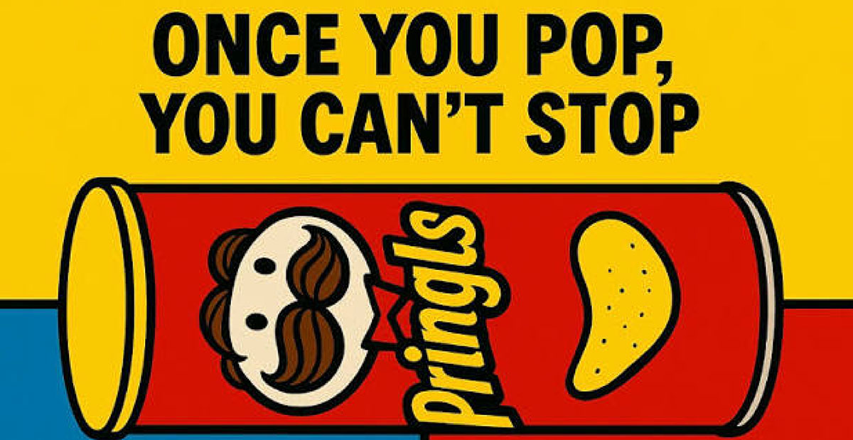 Illustrated red Pringles can with the mustached mascot and a chip under the slogan Once You Pop, You Can't Stop on a yellow background