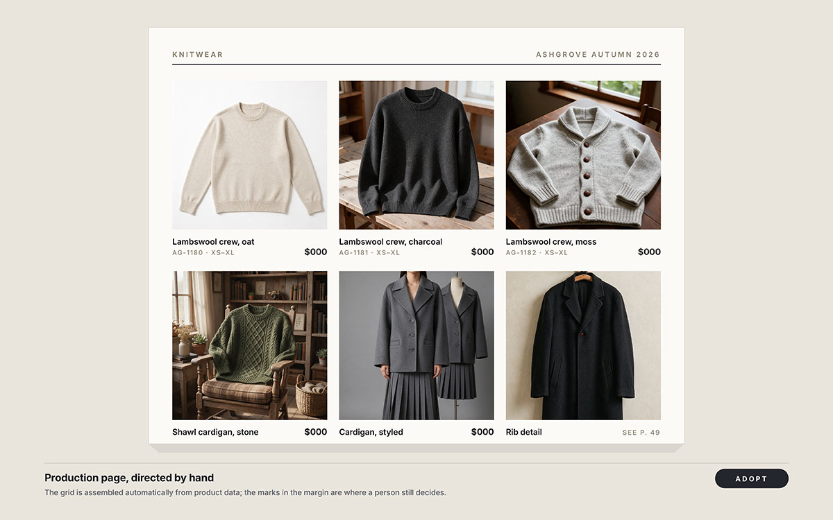Knitwear catalog grid page showing six lambswool sweaters and cardigans with item codes, sizes and price placeholders