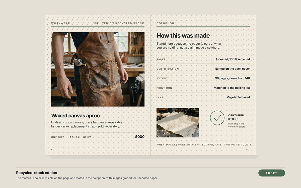 Catalog spread showing a waxed canvas apron beside a How This Was Made colophon listing paper, certification, extent, print run and inks