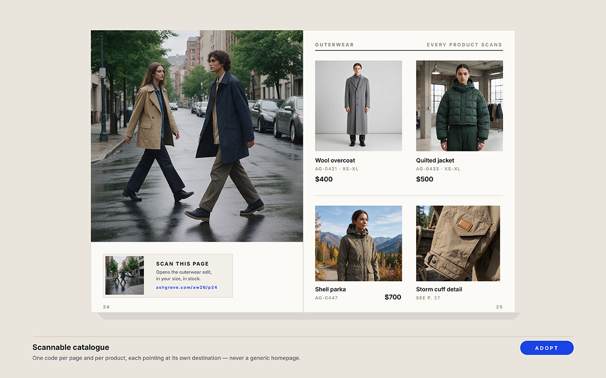 Catalog spread with a street photograph, a scan-this-page code panel and a four-product outerwear grid with codes and prices